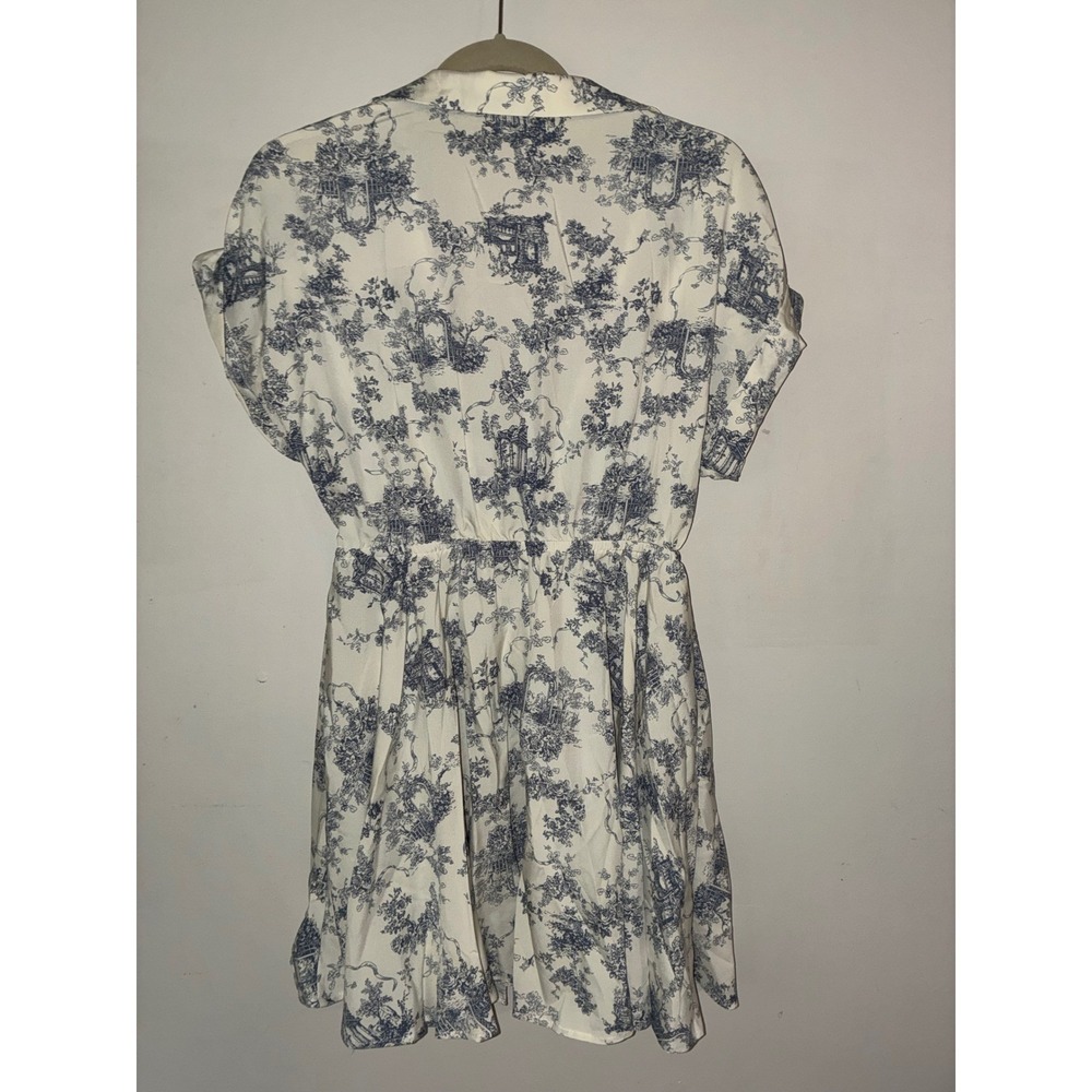 Romantic Shirt Dress Womens 6 M Blue White Toile Print Button Mini‎ Waist Tie - Picture 4 of 10